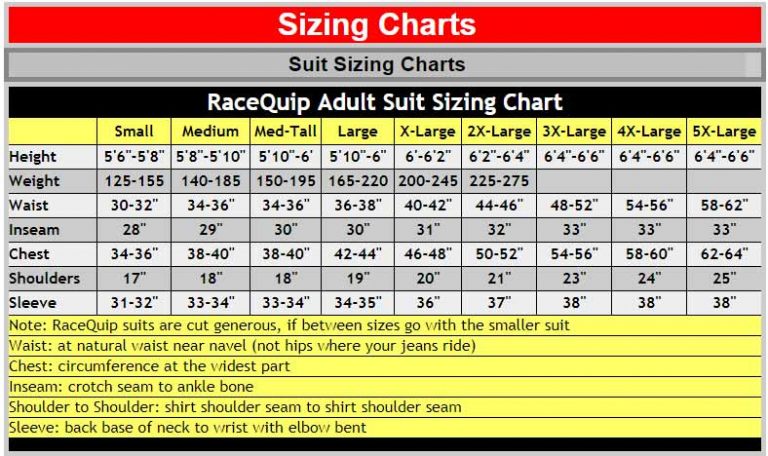 go-kart racequip suit size chart